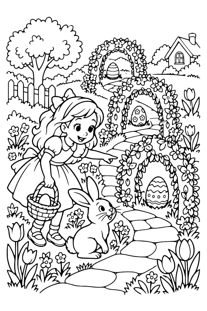 Dessin en noir et blanc d’une enfant avec un panier, d’un lapin et d’un chemin fleuri menant à trois arches ornées de fleurs et à trois œufs décorés.