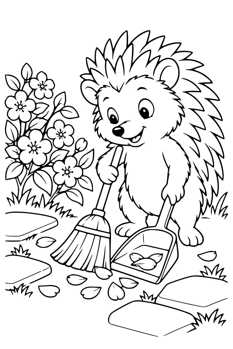 Dessin en noir et blanc d’un hérisson souriant tenant un balai et une pelle contenant des pétales, près d’un arbuste en fleurs et de dalles de jardin.