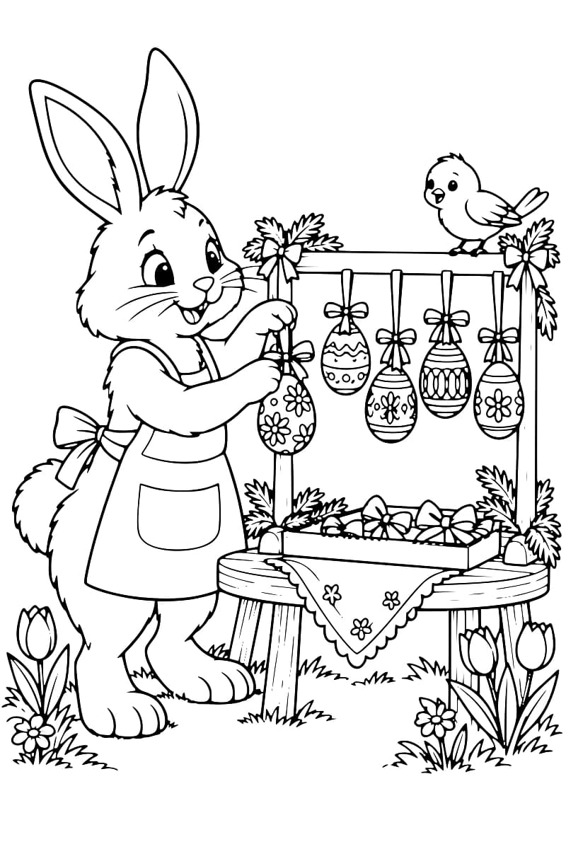 Dessin en noir et blanc d’un lapin en tablier accrochant des œufs décorés sur un présentoir, avec un oiseau perché sur la partie supérieure.