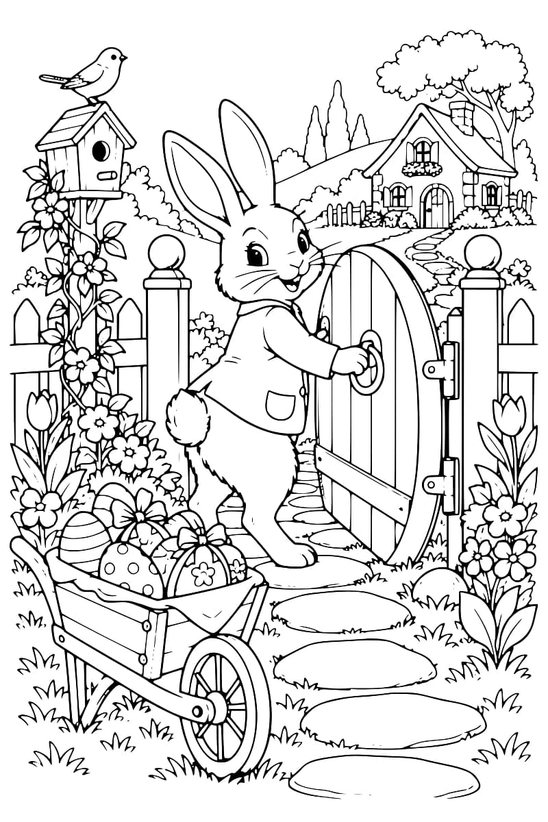 Dessin à colorier d’un lapin tenant la poignée d’un portail en bois, avec une brouette d’œufs au premier plan, des fleurs, un nichoir surmonté d’un oiseau et un chemin de pierres menant à une maison.