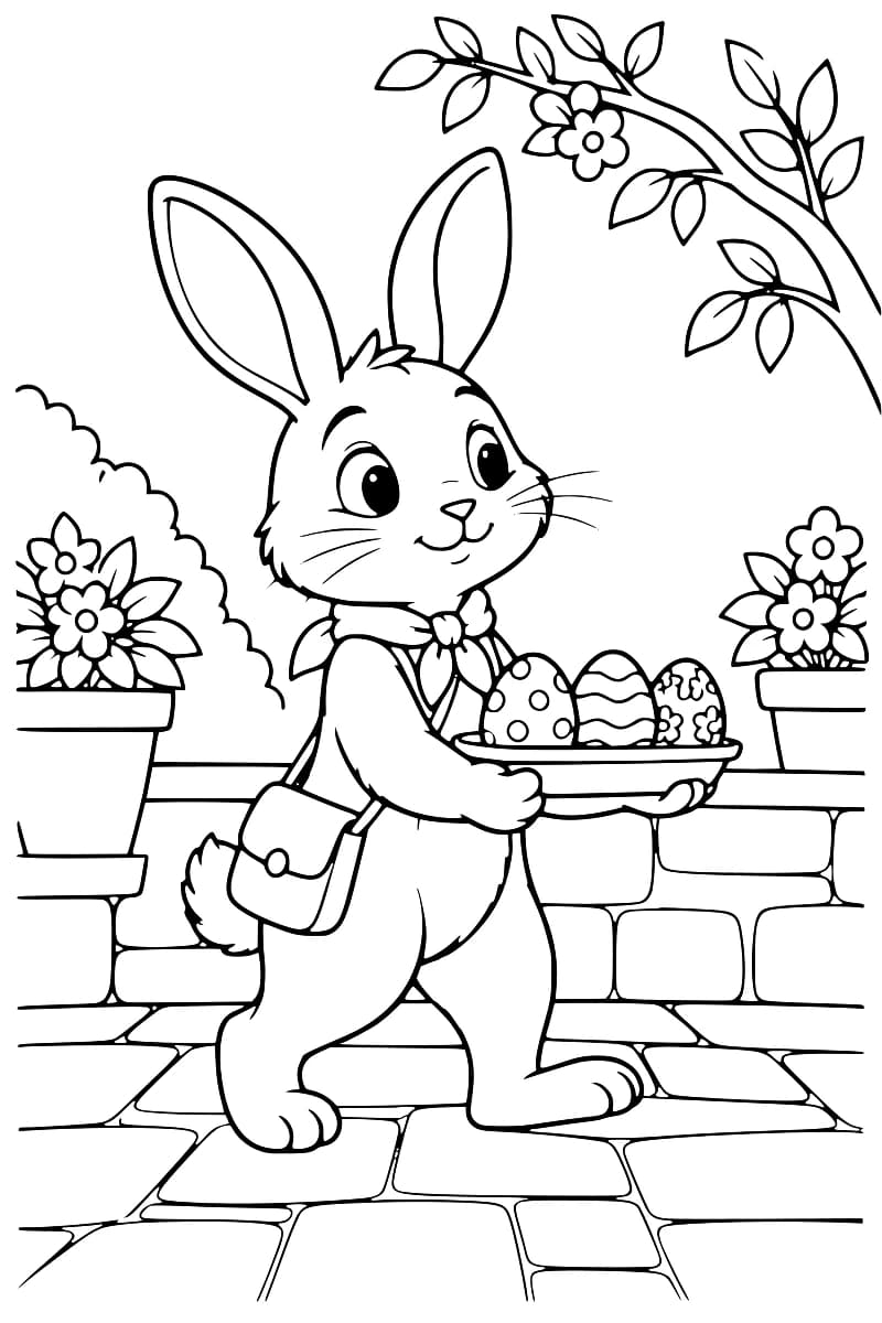 Lapin portant un plateau de trois œufs décorés devant des plantes fleuries, sur une terrasse pavée.