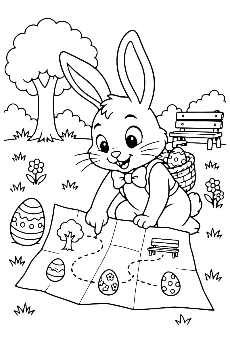 Dessin à colorier d’un lapin avec un nœud papillon et un panier d’œufs sur le dos, penché sur une carte illustrée d’œufs, d’un arbre et d’un banc reliés par un chemin en pointillés, dans un jardin avec des fleurs, un arbre et un banc.