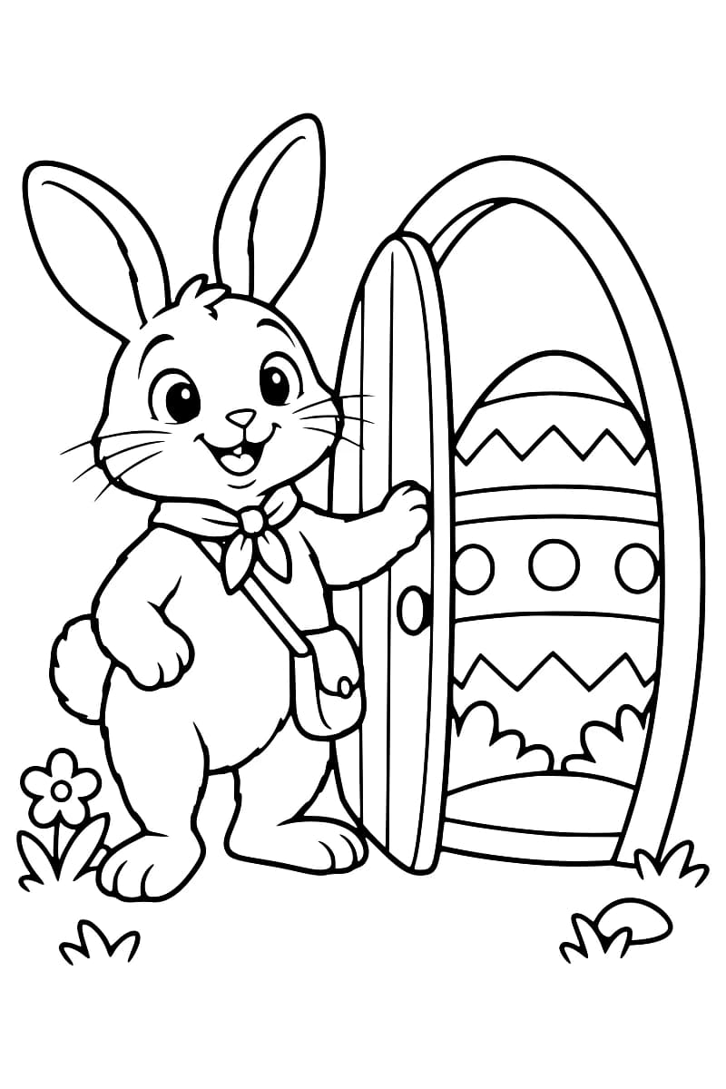 Dessin à colorier d’un lapin souriant avec un foulard et une sacoche, tenant une porte ovale ouverte devant un grand œuf orné de bandes, de ronds et de zigzags, avec une fleur et des touffes d’herbe au sol.