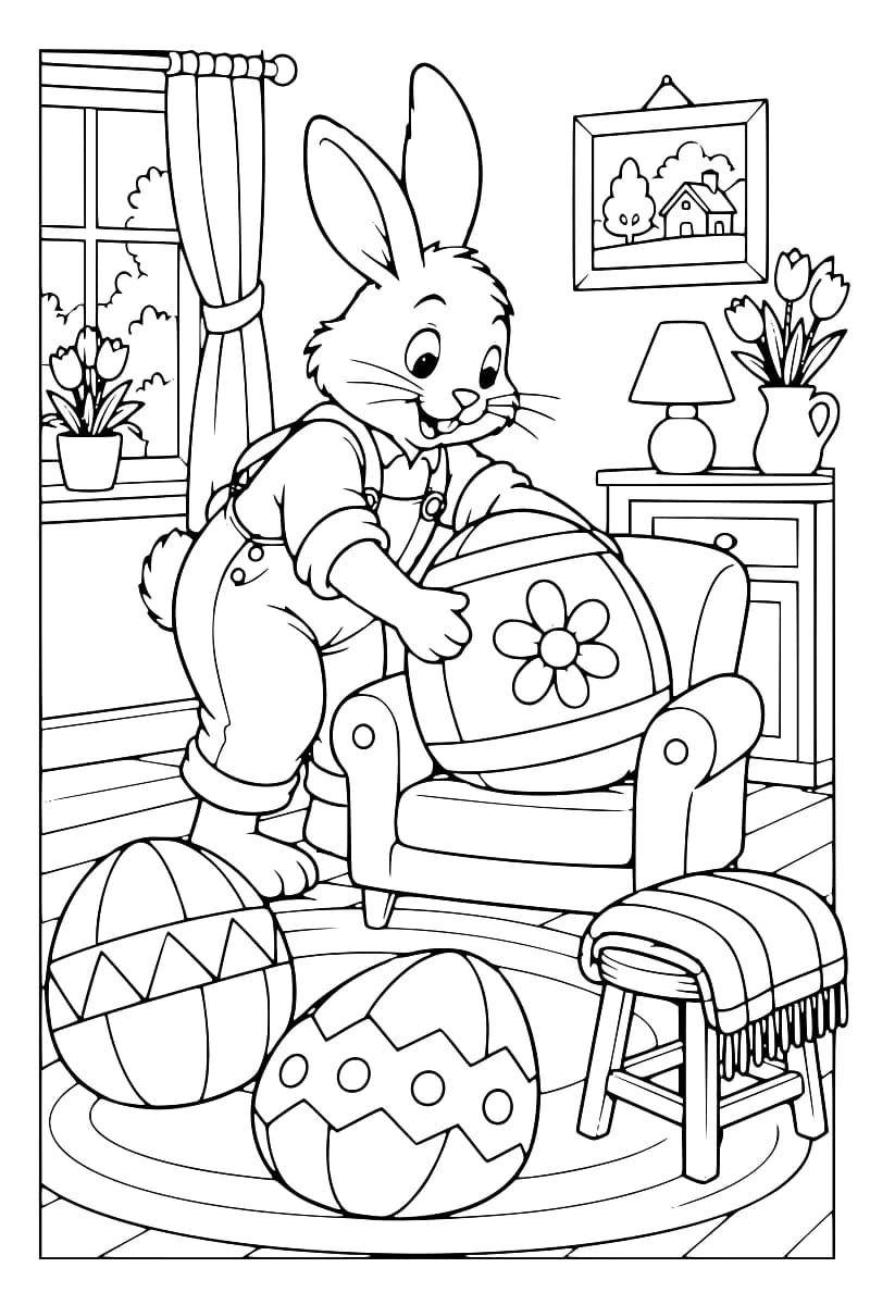 Dessin à colorier d’un lapin en salopette tenant un grand œuf fleuri dans un fauteuil. Deux œufs à motifs sont posés sur un tapis, à côté d’un tabouret couvert d’un tissu à franges. Une fenêtre avec des rideaux, des tulipes, une lampe et un tableau complètent la pièce.