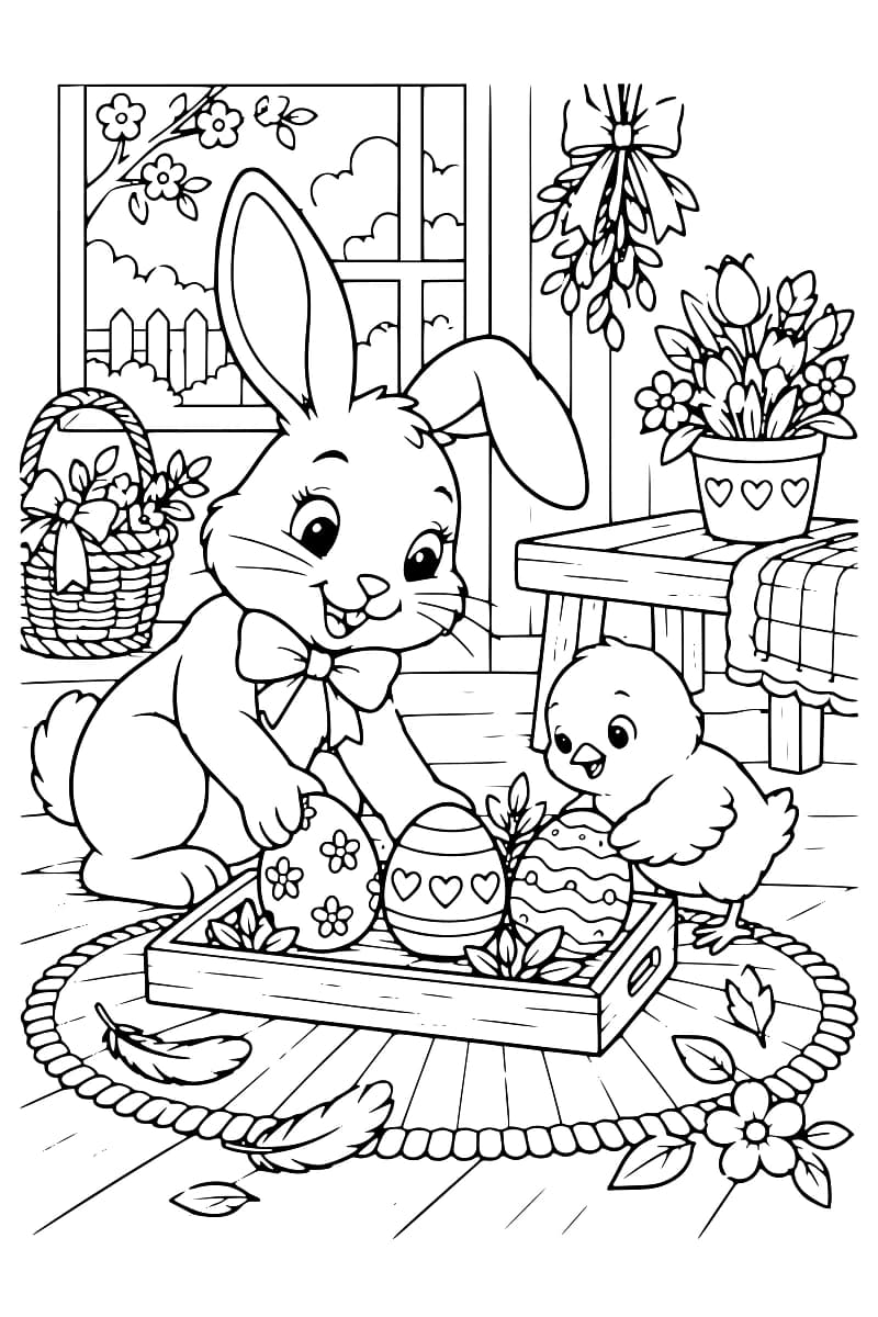Lapin et poussin décorant trois œufs de Pâques dans un plateau en bois, avec des fleurs et un panier fleuri en arrière-plan.