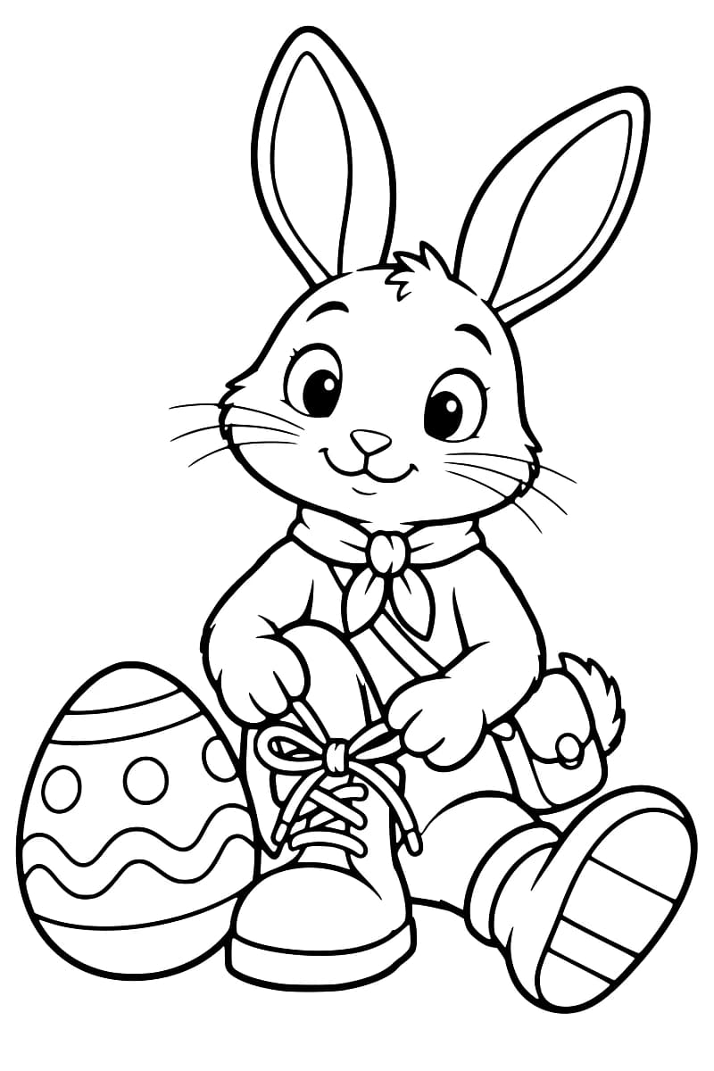 Dessin à colorier d’un lapin souriant aux grandes oreilles, assis avec un foulard et une sacoche, qui noue les lacets d’une bottine près d’un œuf décoré de rayures, de ronds et de vagues.