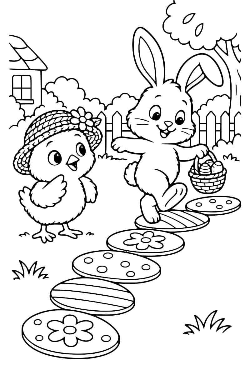 Dessin à colorier d’un lapin avec un panier d’œufs, en équilibre sur un chemin de dalles ovales ornées de fleurs, de pois et de rayures, près d’un poussin au chapeau fleuri, dans un jardin avec une clôture, un arbre et une maison.