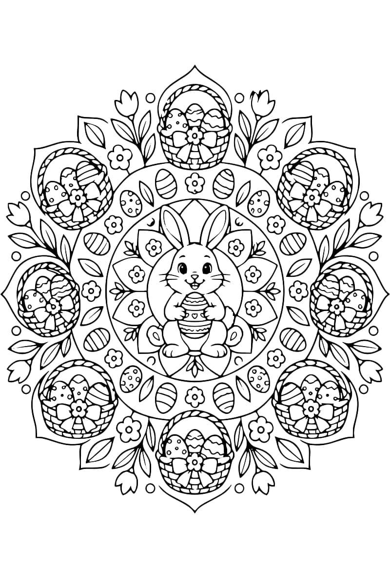 Mandala en noir et blanc représentant un lapin au centre, entouré de paniers d’œufs, de fleurs et de feuilles.