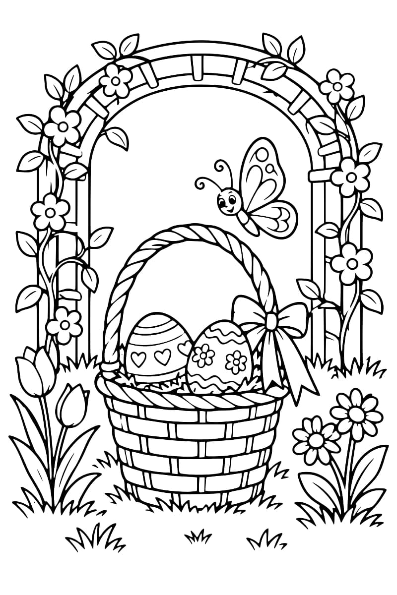 Dessin en noir et blanc d’un panier rempli de deux œufs décorés sous une arche fleurie, entouré de plantes et survolé par un papillon.