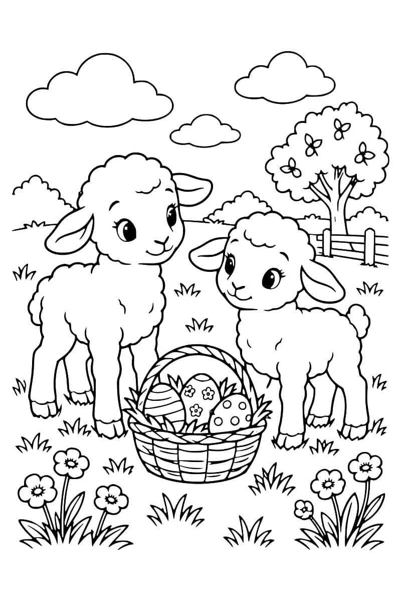 Dessin en noir et blanc de deux agneaux dans une prairie, avec un panier d’œufs décorés, des fleurs, un arbre et une clôture en arrière-plan.