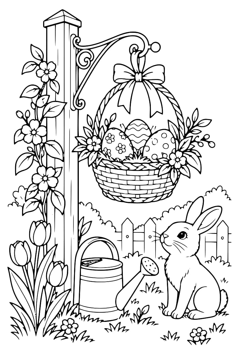 Dessin en noir et blanc d’un panier de Pâques suspendu à un poteau, entouré de fleurs, avec un lapin, un arrosoir et une clôture en arrière-plan.