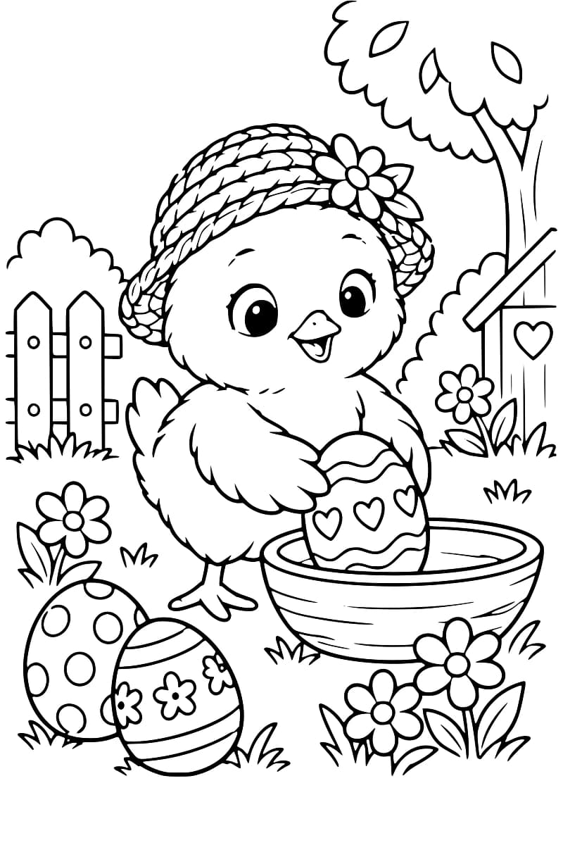 Dessin en noir et blanc d’un poussin portant un chapeau et tenant un œuf décoré au-dessus d’un bol, avec deux œufs décorés au premier plan.