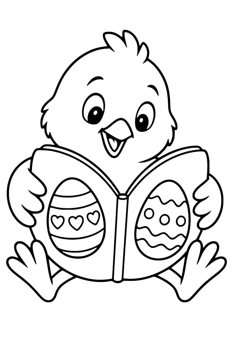 Dessin en noir et blanc d’un poussin souriant, assis les pattes écartées, tenant un livre ouvert avec un œuf à rayures et à cœurs à gauche et un œuf à pois et à lignes ondulées à droite.