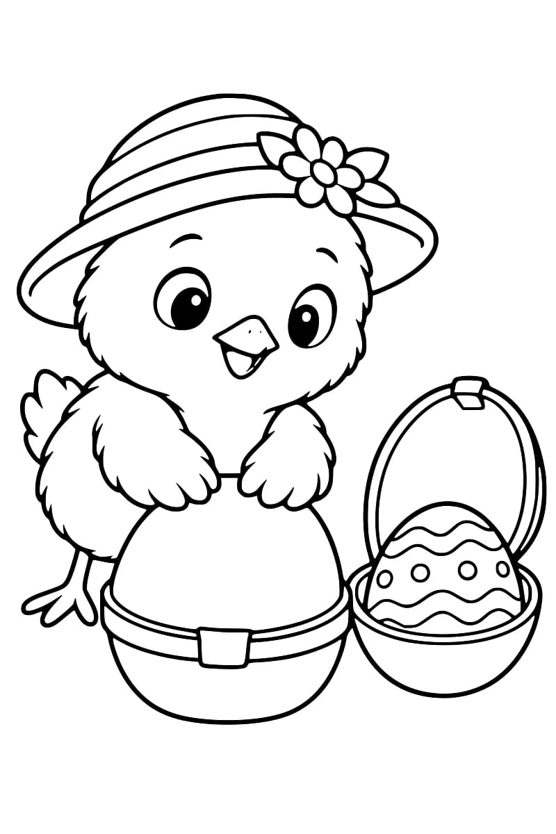 Dessin en noir et blanc d’un poussin souriant coiffé d’un chapeau à fleur, derrière un moule en forme d’œuf fermé ; à droite, un second moule ouvert contient un œuf orné de lignes ondulées et de petits cercles.