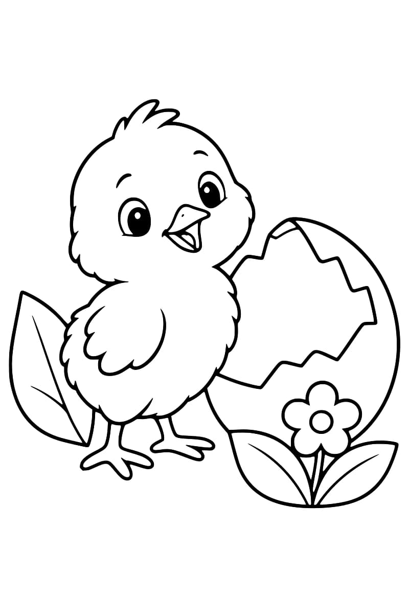 Dessin au trait d’un poussin debout à côté d’une grande coquille d’œuf ouverte, avec une fleur au premier plan.