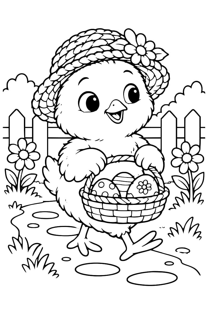 Dessin en noir et blanc d’un poussin portant un chapeau fleuri et tenant un panier d’œufs décorés sur un sentier de jardin.