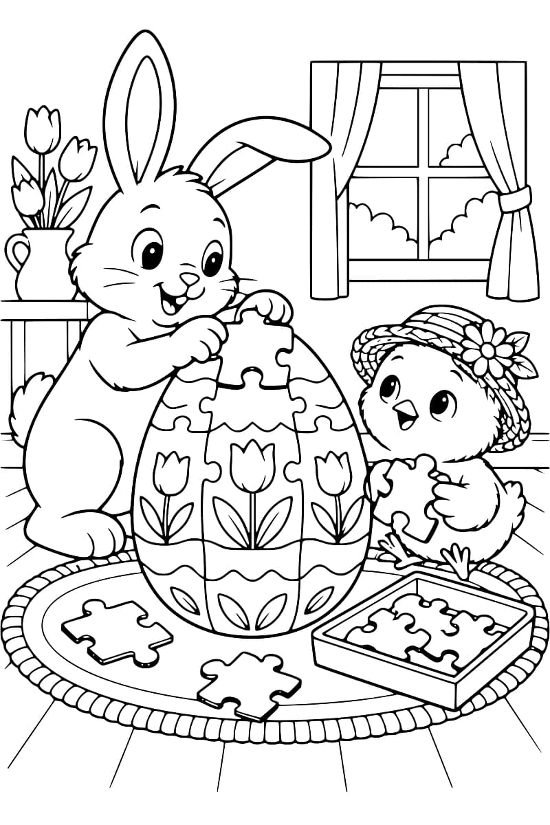 Dessin à colorier d’un lapin posant une pièce sur un grand œuf en puzzle, à côté d’un poussin au chapeau fleuri qui tient une autre pièce ; des pièces et un plateau sont disposés sur un tapis.
