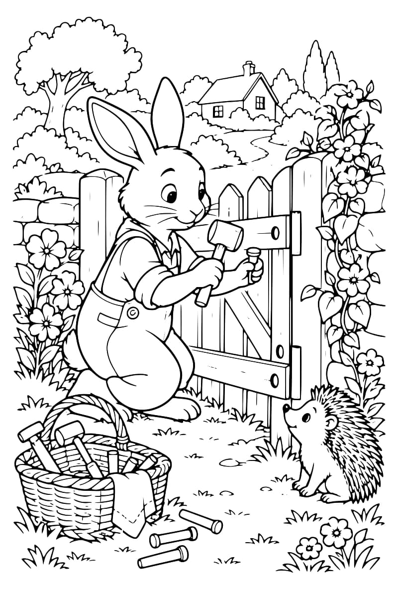 Dessin en noir et blanc d’un lapin réparant une porte de jardin avec un maillet, accompagné d’un hérisson, d’un panier d’outils et de fleurs.