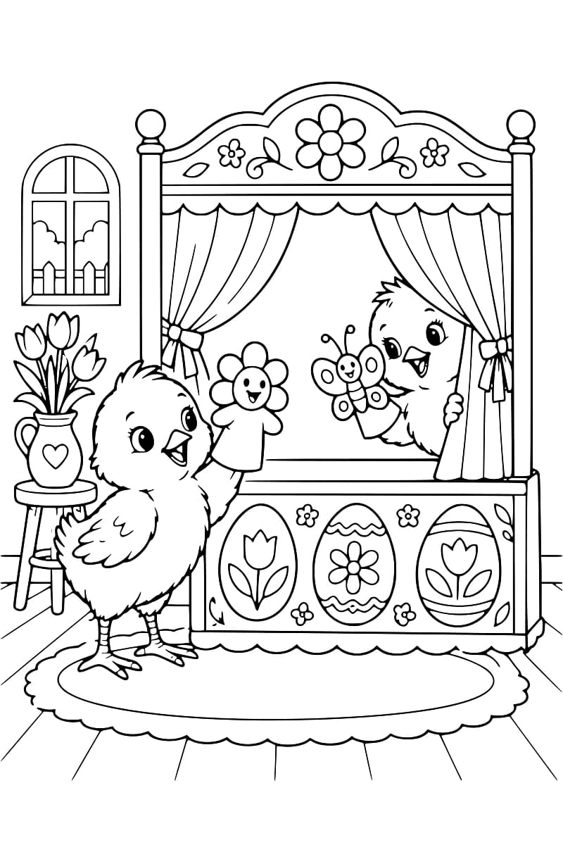 Dessin à colorier de deux poussins, l’un devant un théâtre tenant une marionnette de fleur, l’autre derrière les rideaux avec une marionnette de papillon, entourés d’un vase de tulipes, d’une fenêtre et d’un tapis.