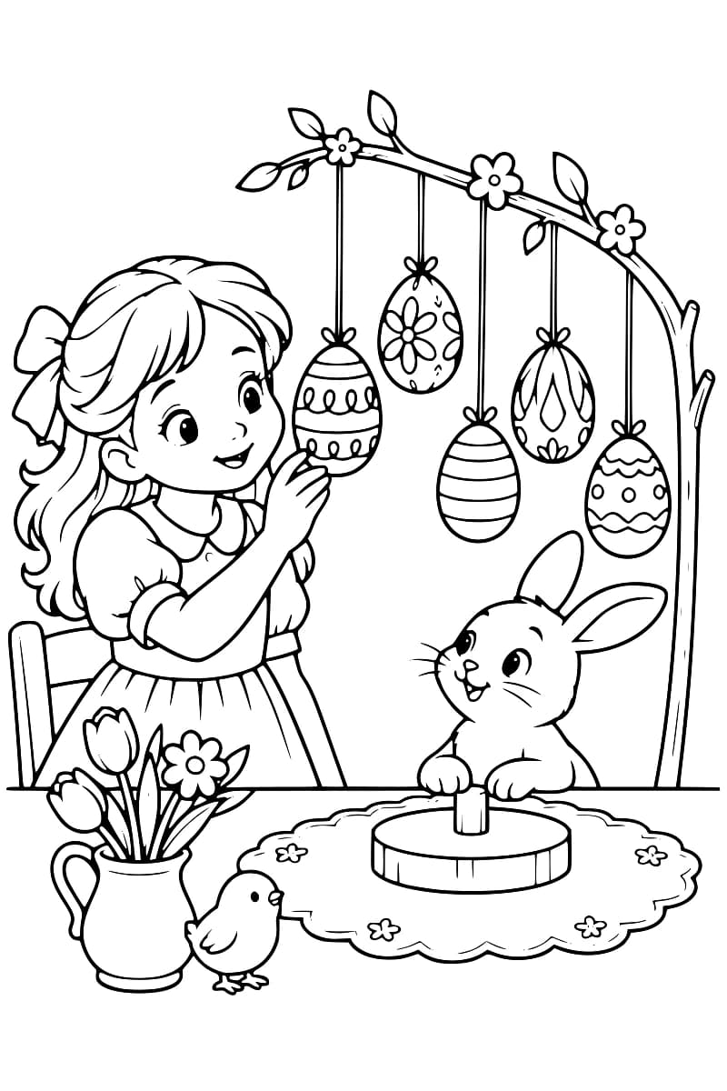 Dessin à colorier d’une fillette touchant l’un des cinq œufs décorés suspendus à une branche fleurie, avec un lapin à ses côtés et, sur la table, un pichet de fleurs, un poussin et un socle rond posé sur un napperon.