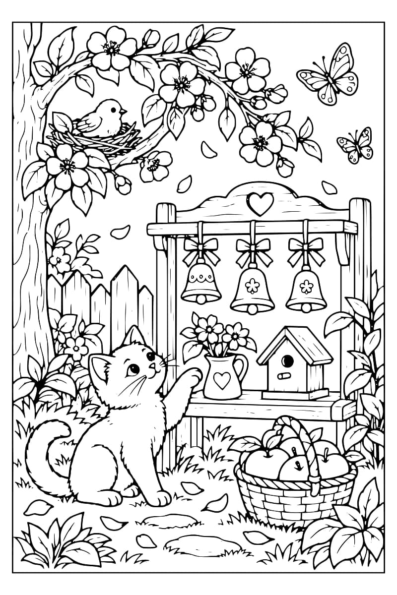 Dessin en noir et blanc d’un jardin fleuri avec trois clochettes suspendues à une étagère, un chat assis, un nid avec un oiseau, des papillons et un panier au premier plan.