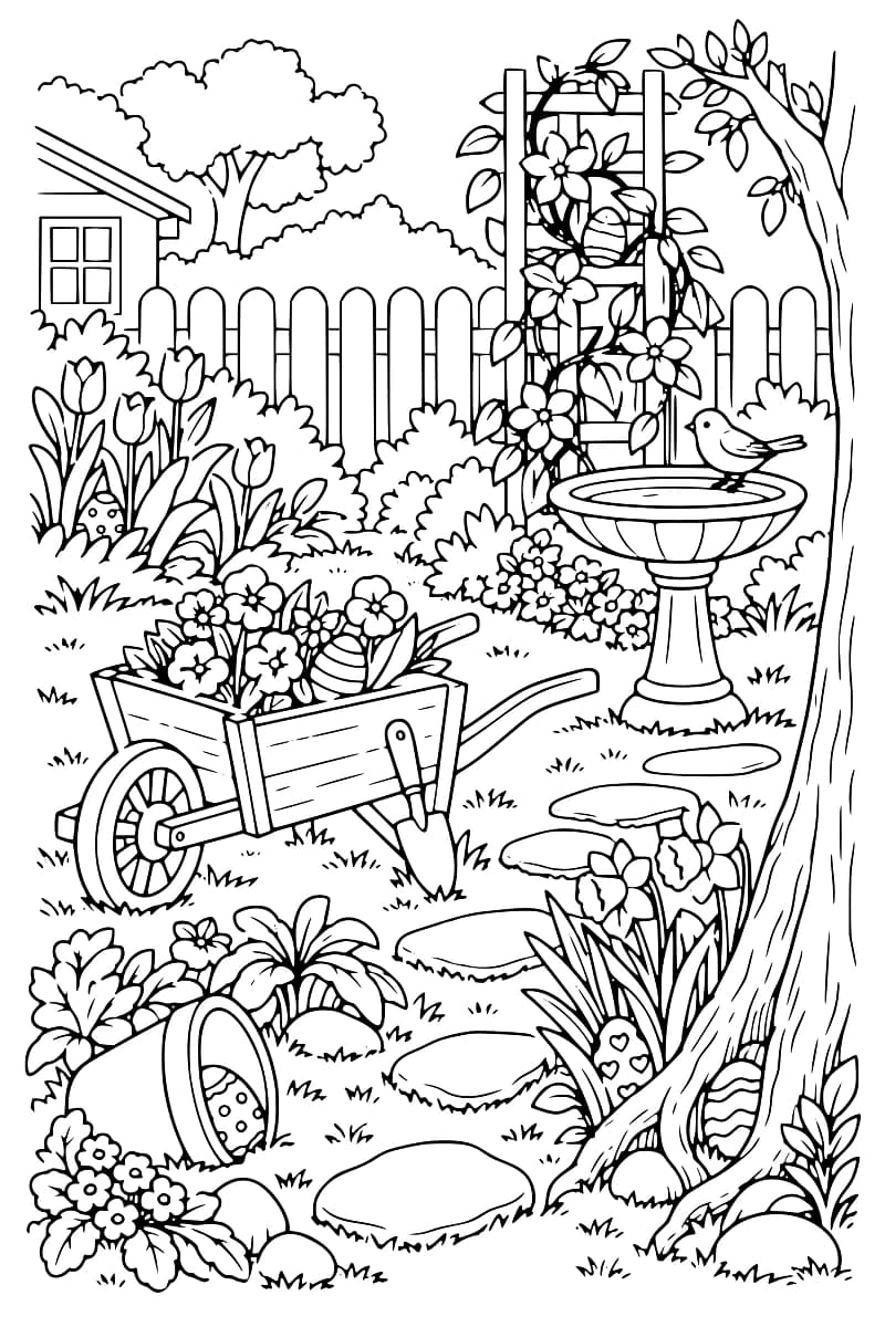 Dessin en noir et blanc d’un jardin fleuri avec une brouette, un bain d’oiseaux, une clôture, un arbre et plusieurs œufs décorés cachés dans la végétation.