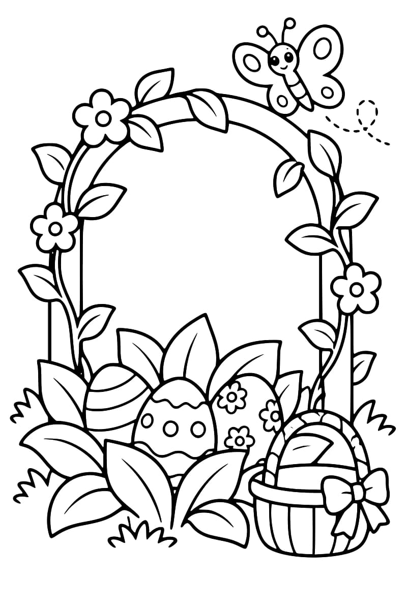 Dessin en noir et blanc d’une arche fleurie avec un papillon, deux œufs décorés cachés dans les feuillages et un panier à droite
