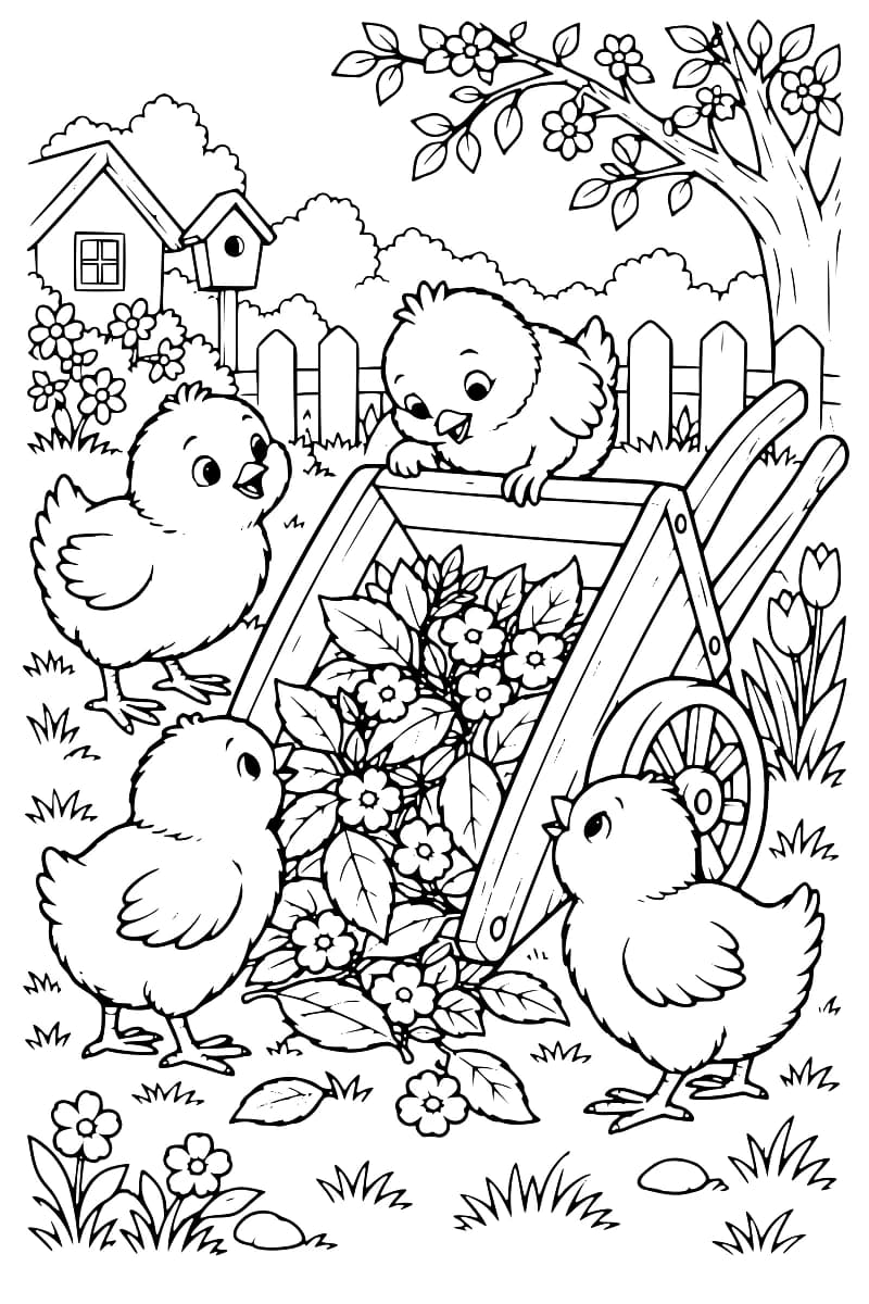 Quatre poussins autour d’une brouette remplie de fleurs dans un jardin