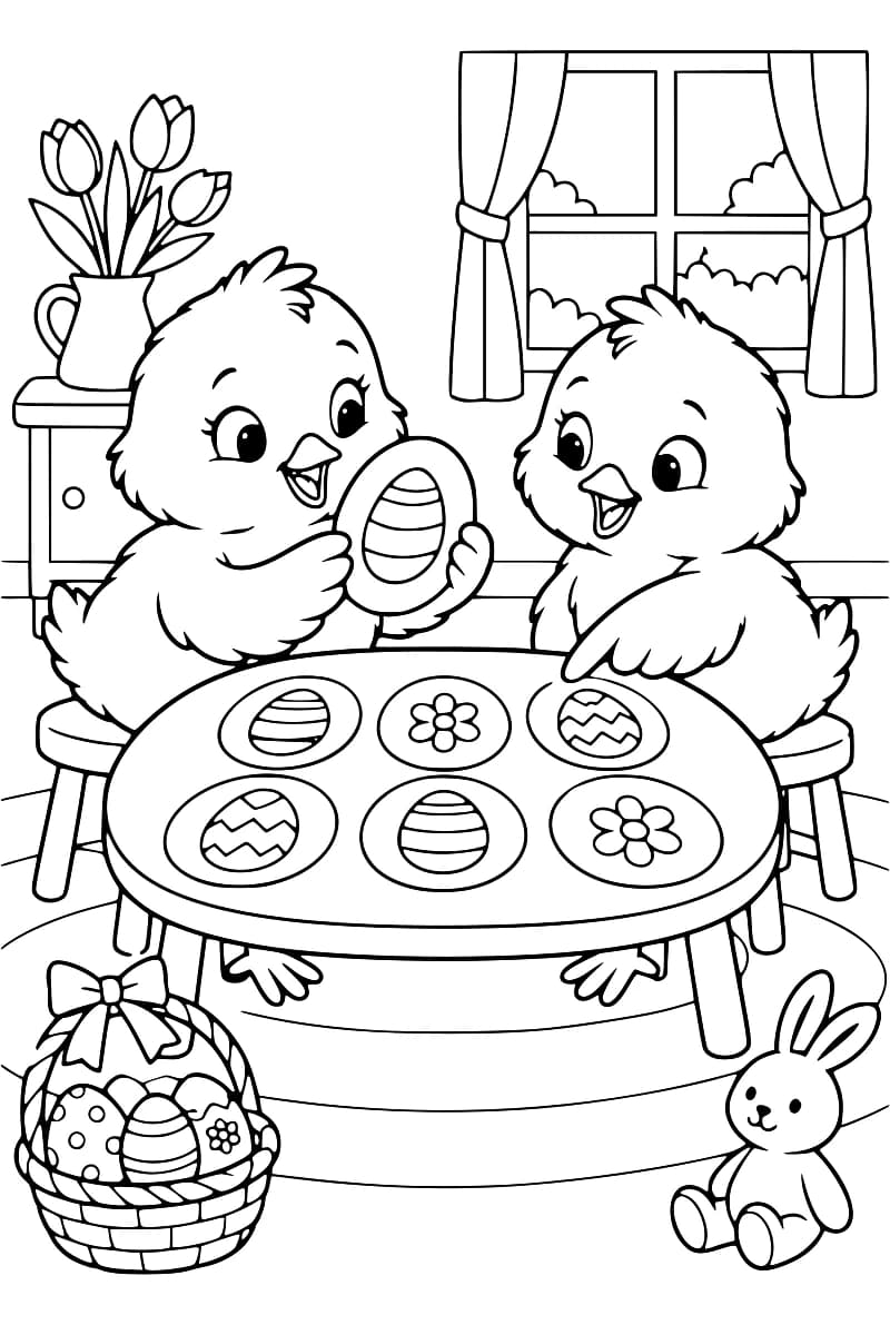 Coloriage de deux poussins assis à une table portant six cartes ovales avec des œufs rayés, des œufs à zigzags et des fleurs. Un poussin tient une carte avec un œuf rayé. Un panier d’œufs et un lapin en peluche sont posés au sol.