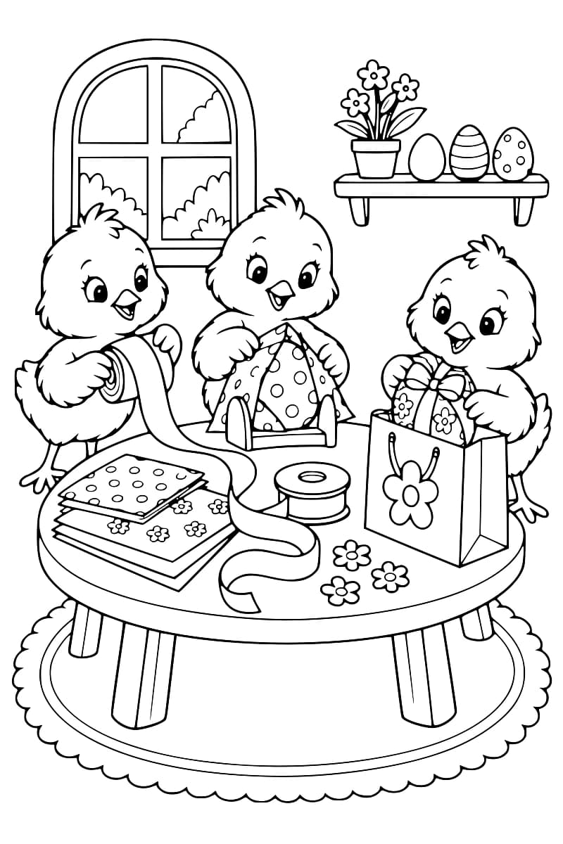 Dessin à colorier de trois poussins autour d’une table ronde : l’un déroule un ruban, un autre emballe un œuf à pois et le troisième place un cadeau noué dans un sac à fleur. Des feuilles de papier à motifs et une bobine sont posées sur la table ; une fenêtre et une étagère portant trois œufs et un pot de fleurs complètent la scène.