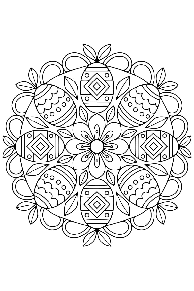 Dessin en noir et blanc d’un mandala composé de huit œufs disposés autour d’une fleur à huit pétales, ornés de losanges, de ronds, de bandes et de festons, et entourés de feuilles et de boucles.