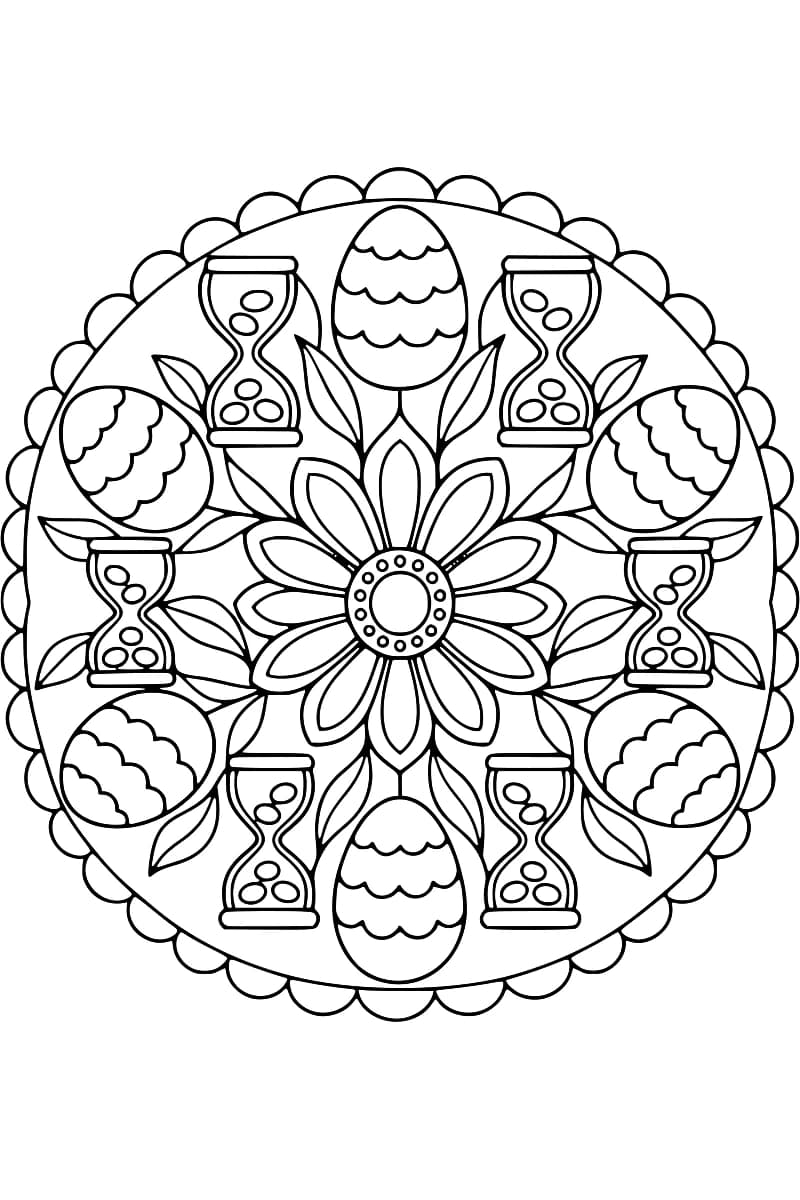 Dessin circulaire en noir et blanc, bordé de festons, avec une fleur centrale à douze pétales entourée de feuilles, de six œufs ornés de lignes ondulées et de six sabliers.