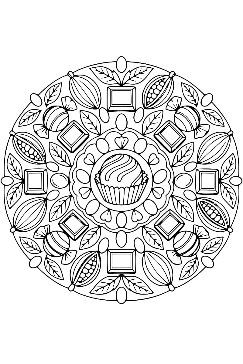 Dessin en noir et blanc d’un mandala circulaire avec une brioche au chocolat au centre, entourée de confiseries, de carrés de chocolat, de cabosses de cacao et de feuilles.