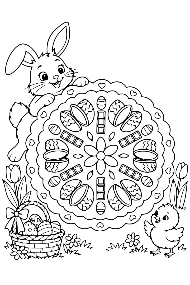 Dessin en noir et blanc d’un grand mandala avec une fleur centrale, six paires de demi-œufs décorés, de petits œufs, des tablettes de chocolat et une bordure de cœurs, entouré d’un lapin, d’un poussin, d’un panier d’œufs, de tulipes et de petites fleurs.