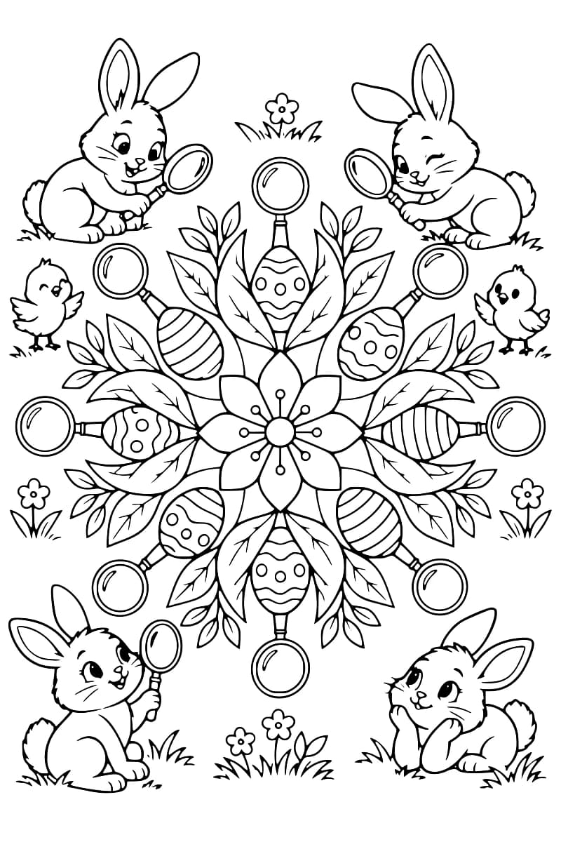 Dessin en noir et blanc composé d’une grande fleur centrale entourée de feuilles, de huit œufs à rayures ou à pois et de huit loupes disposés en cercle, avec quatre lapins, dont trois tiennent une loupe, deux poussins et de petites fleurs.