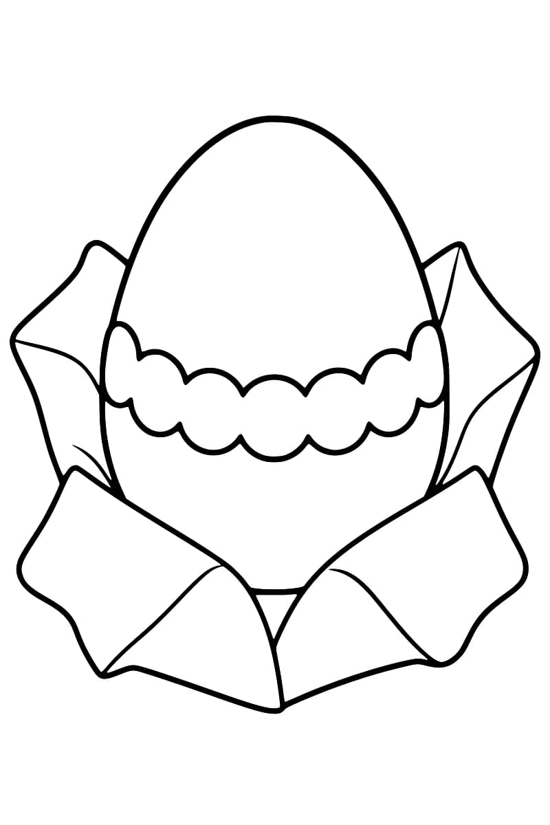 Dessin en noir et blanc d’un grand œuf décoré d’une bande festonnée au milieu, entouré des larges pans de son papier d’emballage ouvert.