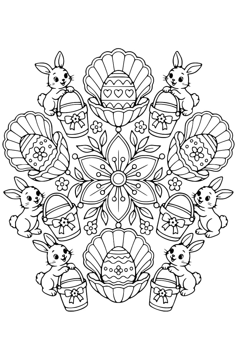 Dessin en noir et blanc composé d’une fleur centrale entourée de feuillages, de petites fleurs, de quatre coquillages ouverts abritant chacun un œuf décoré et de six lapins tenant des seaux ornés de nœuds.