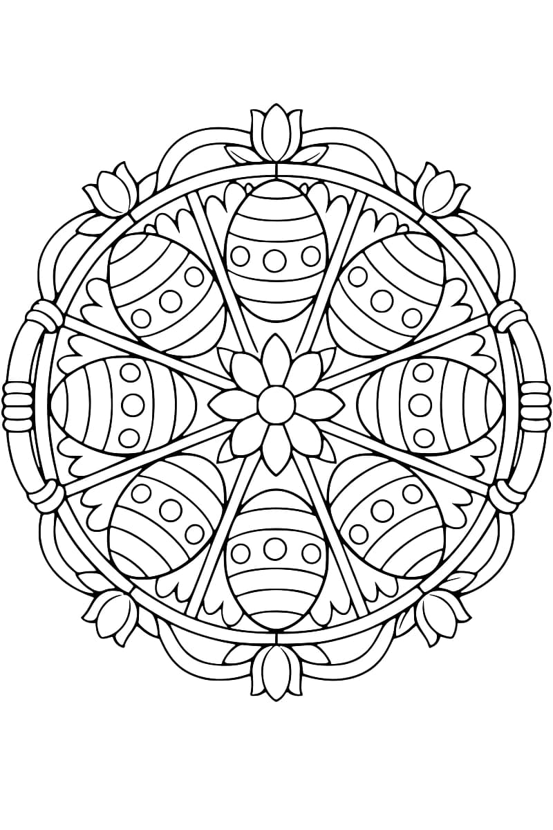 Dessin en noir et blanc d’un panier rond divisé en huit compartiments contenant chacun un œuf décoré, avec une fleur au centre et une bordure de tulipes et de boucles symétriques.