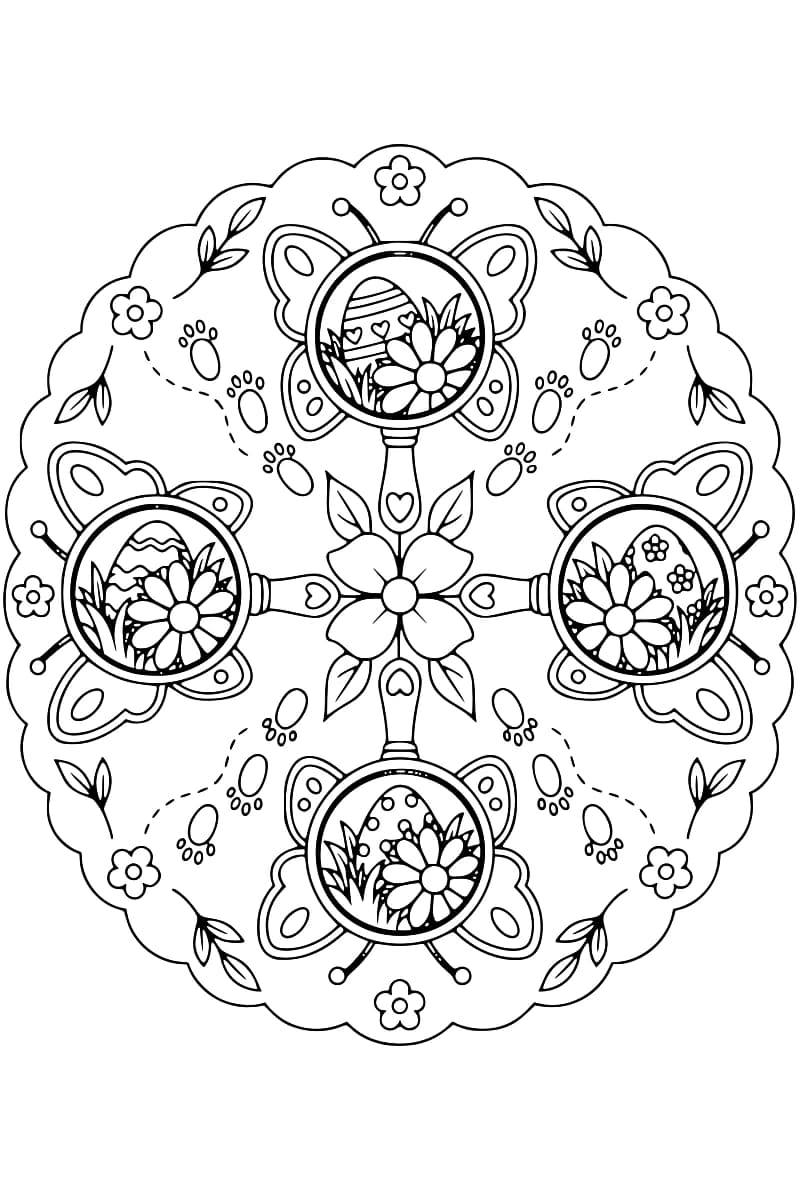 Dessin en noir et blanc de quatre loupes ornées d’ailes et d’antennes de papillon, disposées autour d’une fleur centrale. Chaque loupe encadre un œuf décoré derrière une grande fleur et des feuilles. Des empreintes et des chemins en pointillés occupent les espaces entre les loupes, dans une bordure festonnée garnie de fleurs et de feuillage.