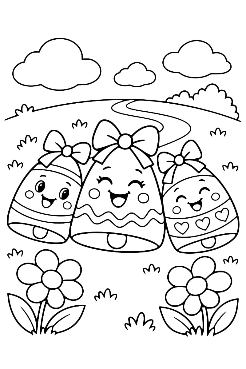 Dessin en noir et blanc de trois cloches souriantes avec de grands nœuds et des motifs à rayures, à vagues et à cœurs, entre deux fleurs, avec une colline, un chemin sinueux et trois nuages en arrière-plan.