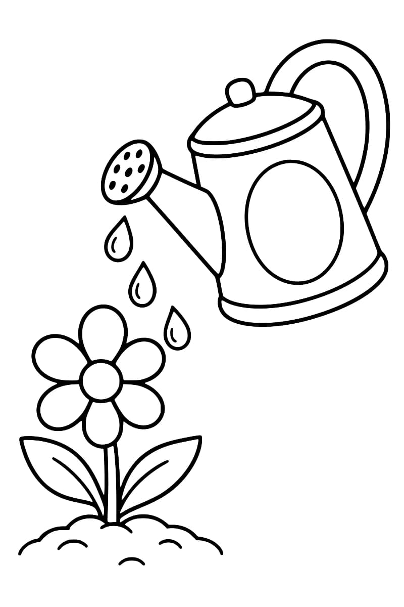 Dessin en noir et blanc d’un grand arrosoir incliné au-dessus d’une fleur à six pétales, avec trois gouttes entre son bec et la fleur, deux feuilles et une petite butte de terre.