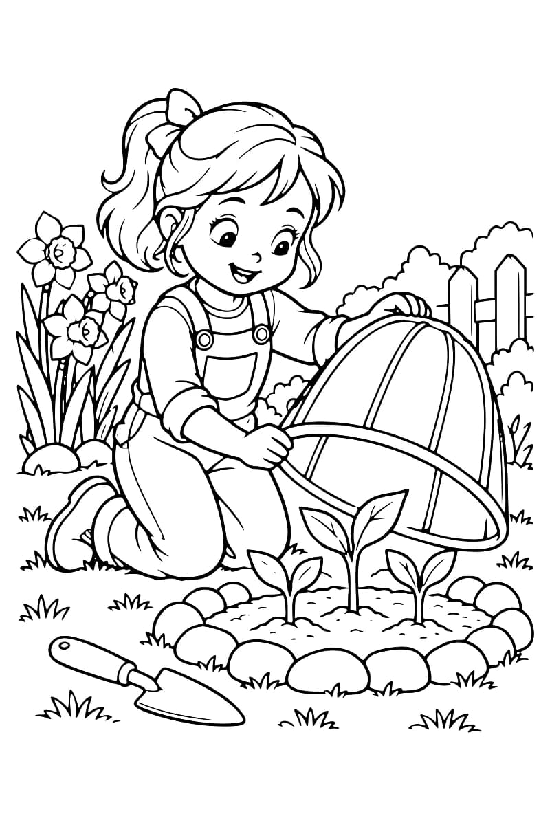 Dessin en noir et blanc d’une enfant en salopette soulevant une cloche de jardin au-dessus de trois pousses, avec des jonquilles à gauche, un transplantoir au sol et une clôture en arrière-plan.