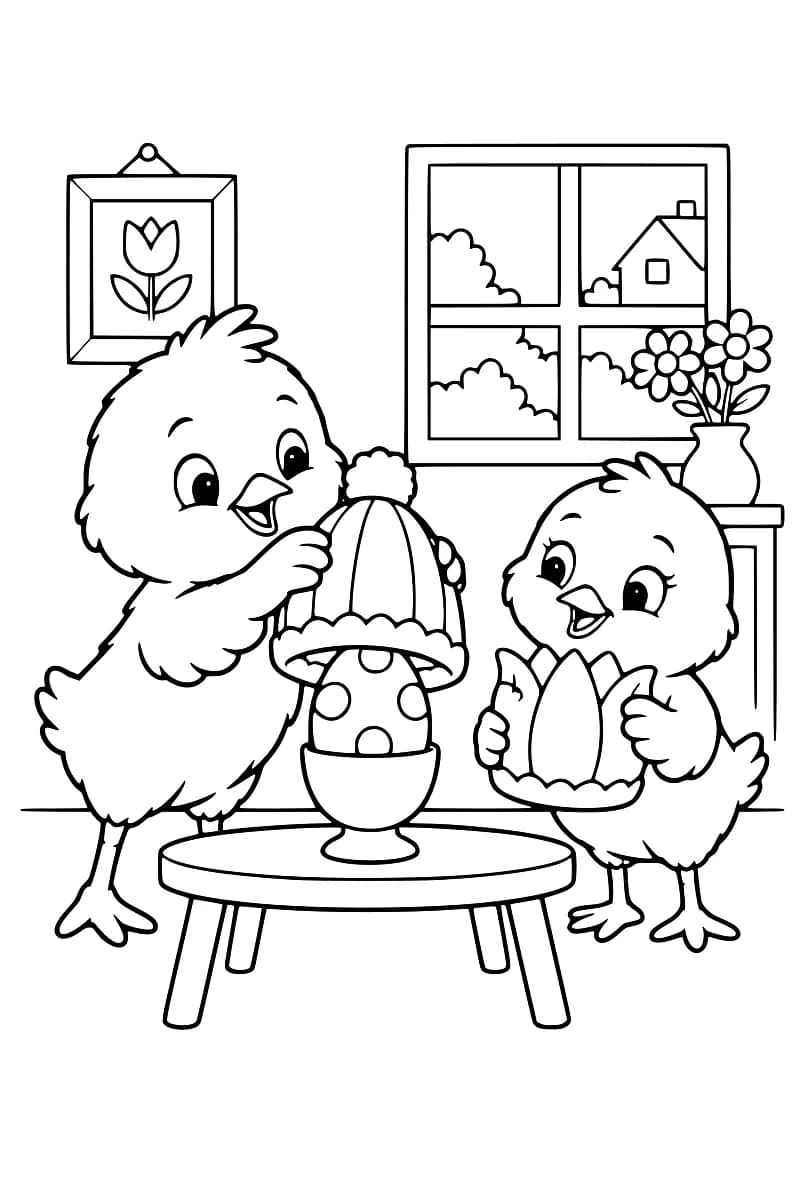 Dessin en noir et blanc de deux poussins autour d’une petite table : l’un place un bonnet à pompon sur un œuf à pois dans un coquetier, tandis que l’autre tient un couvre-œuf en forme de fleur. Une fenêtre, un vase de fleurs et un cadre représentant une tulipe décorent la pièce.