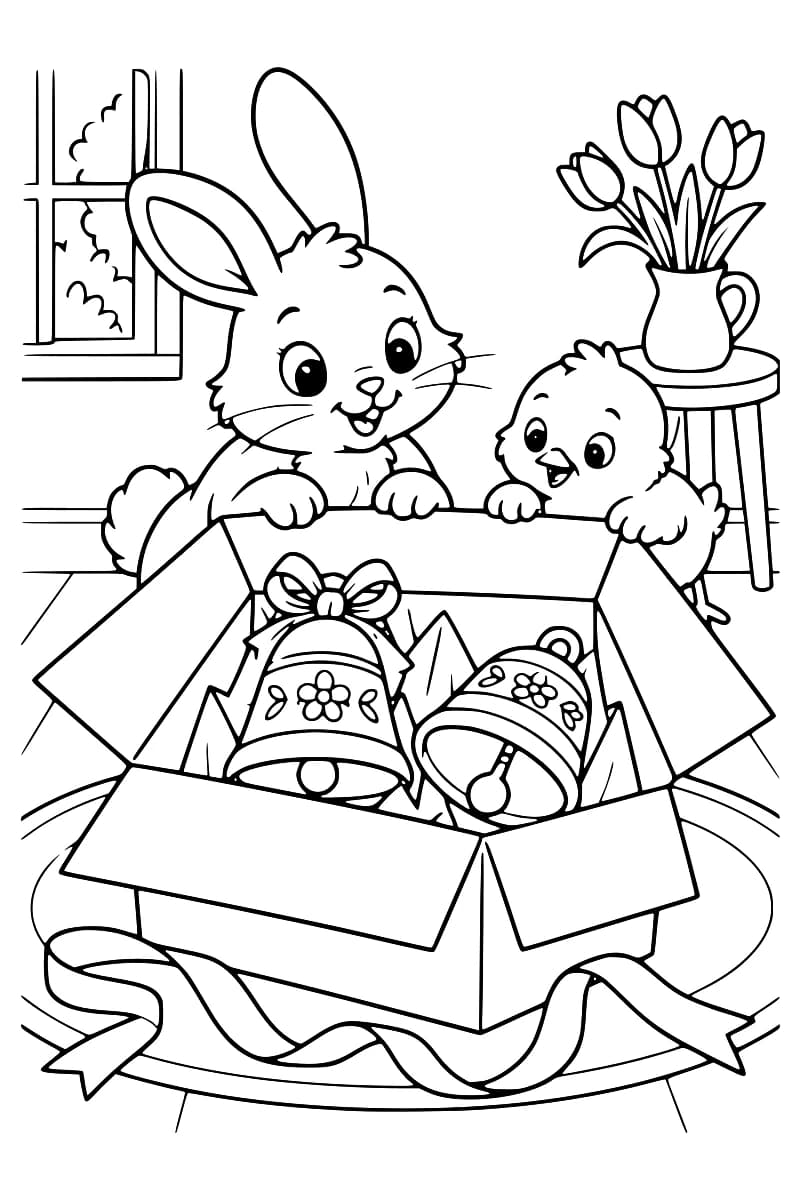 Dessin à colorier d’un lapin et d’un poussin derrière un carton ouvert contenant deux cloches fleuries calées dans du papier, dont une ornée d’un nœud. Un ruban est déroulé devant le carton ; une fenêtre et un pichet de tulipes posé sur un tabouret complètent la scène.