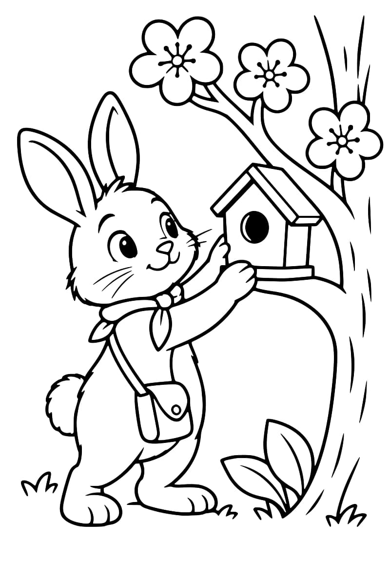 Dessin en noir et blanc d’un lapin debout, portant un foulard et une sacoche, qui tient un nichoir posé sur une branche basse d’un arbre à trois fleurs.
