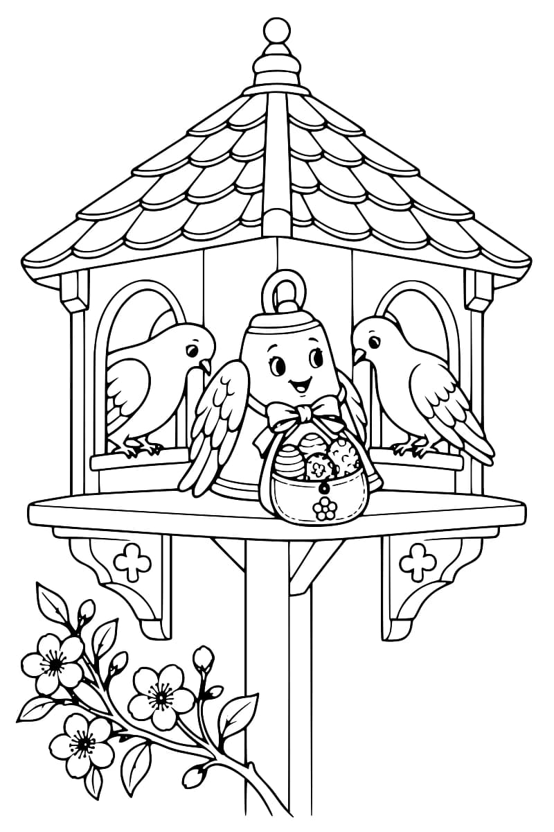 Dessin à colorier d’une cloche souriante avec des ailes et un nœud, portant une pochette d’œufs décorés devant deux oiseaux perchés aux ouvertures d’un pigeonnier, avec une branche fleurie en bas.