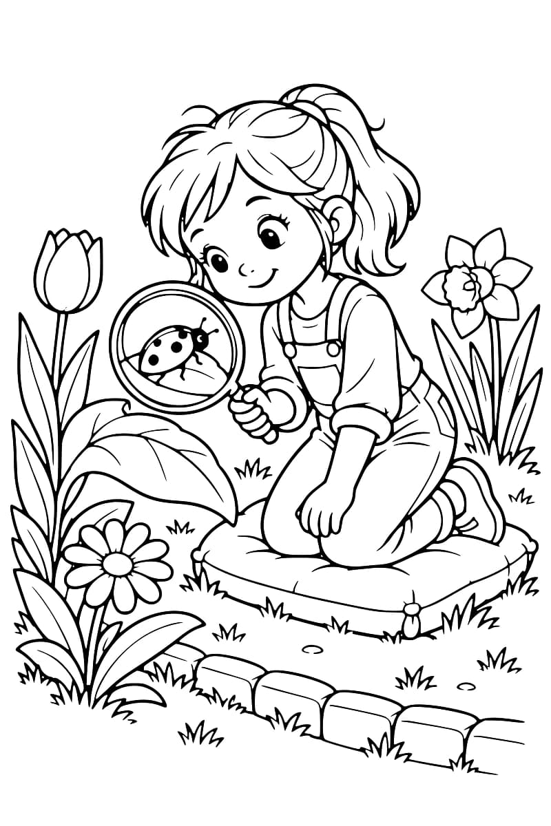 Dessin à colorier d’une enfant en salopette, agenouillée sur un coussin et tenant une loupe devant une coccinelle posée sur une feuille, parmi des tulipes, une marguerite et une jonquille.