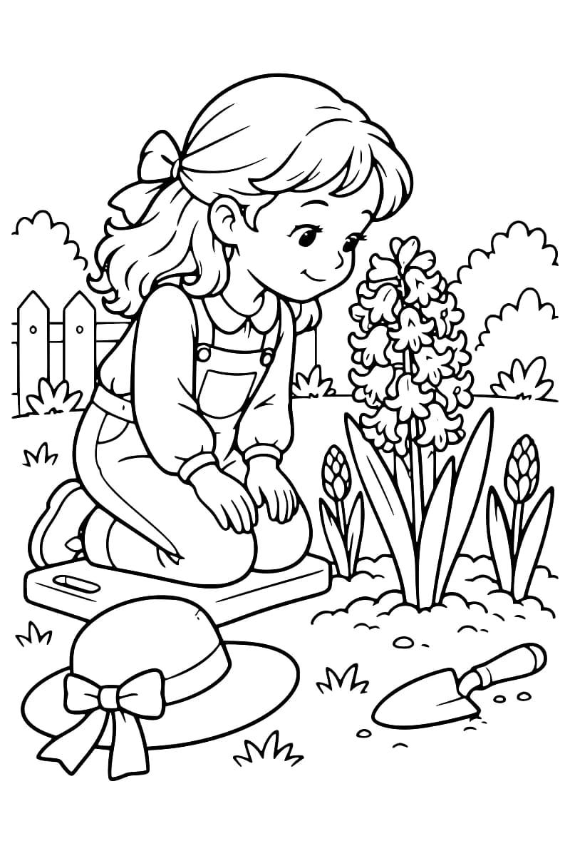 Dessin à colorier d’une enfant en salopette, agenouillée sur un coussin devant une grande jacinthe fleurie et deux jacinthes en boutons, avec un chapeau à nœud et une petite pelle au premier plan, une clôture et des buissons à l’arrière-plan.