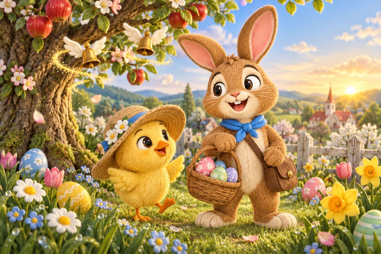 Au lever du jour, le Lapin brun et le Poussin observent deux cloches dorées ailées danser au-dessus du vieux pommier.