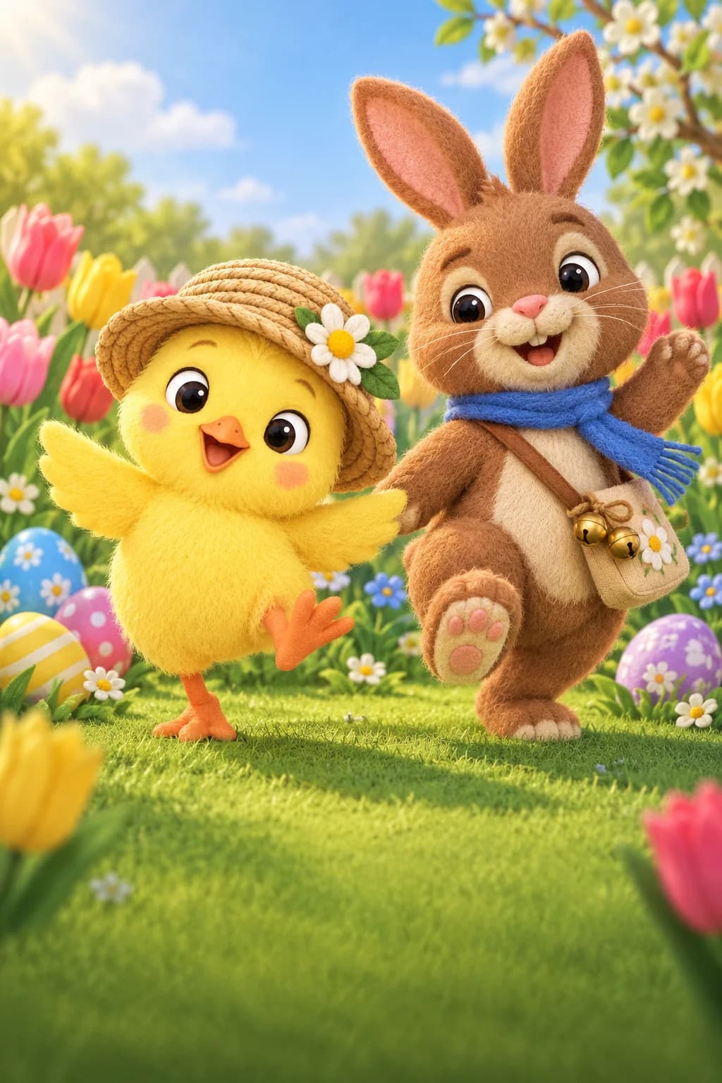 Un poussin jaune danse près du Lapin de Pâques dans un jardin fleuri.